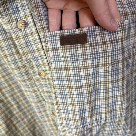 ✨ Carhartt Men’s Plaid Button Down Shirt Tan Blue 2XL Tall - Picture 6 of 10